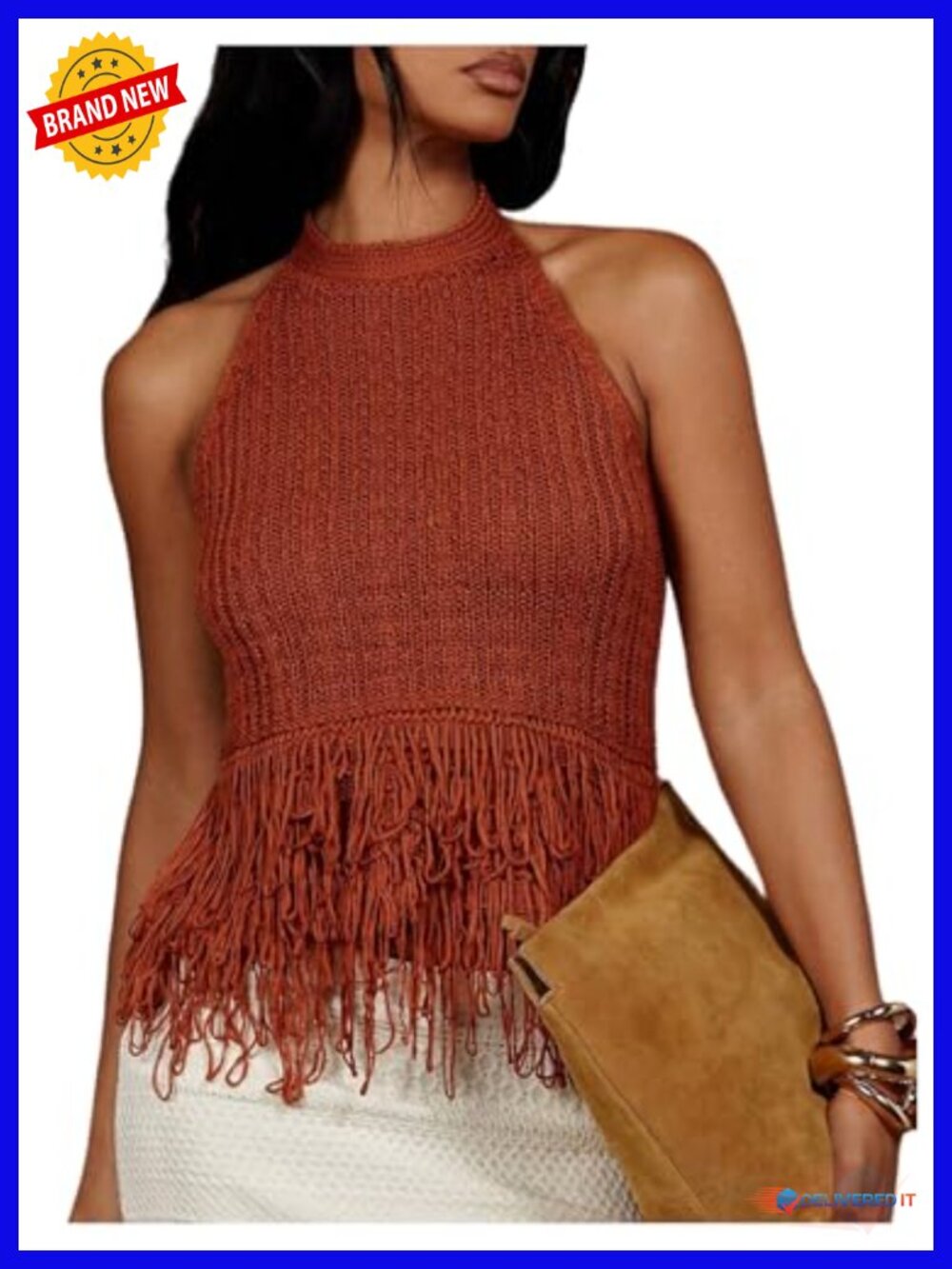 SweatyRocks Boho Fringe Halter Tank Top Backless Tassel Knit